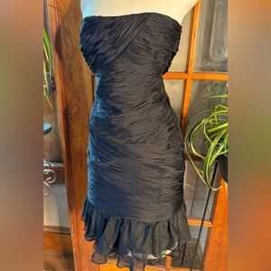 Black Silk Pleated Strapless Dress with Ruffle Hem‎ Sz 2